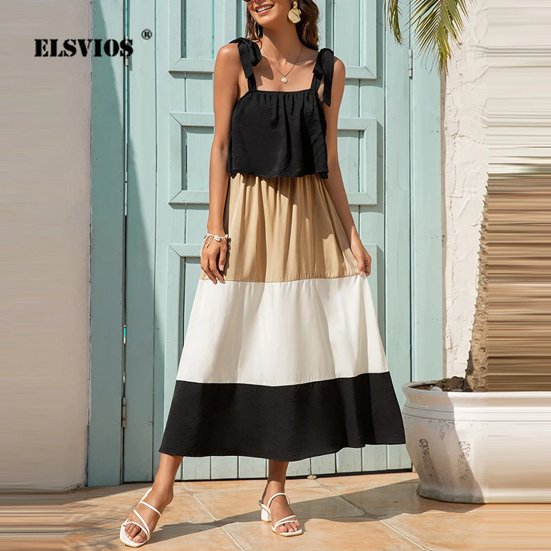 

Sexy Tether Sling Stitching Contrast Color Tube Dress Casual Lady Backless Solid Color Summer Loose Swing Long Beach Dress Women