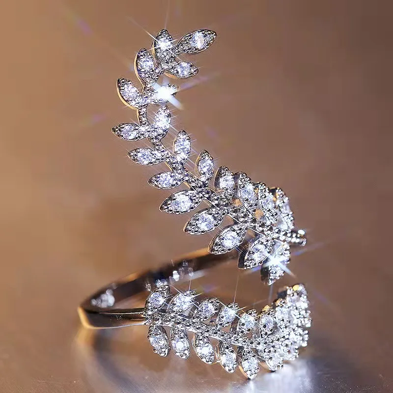 

Fashion Zircon Silver Color Long Style Rings Plant Leaf Beaded Pavé Sparkling Pantaro Rings Adjustable Women Europe Jewelry Gift