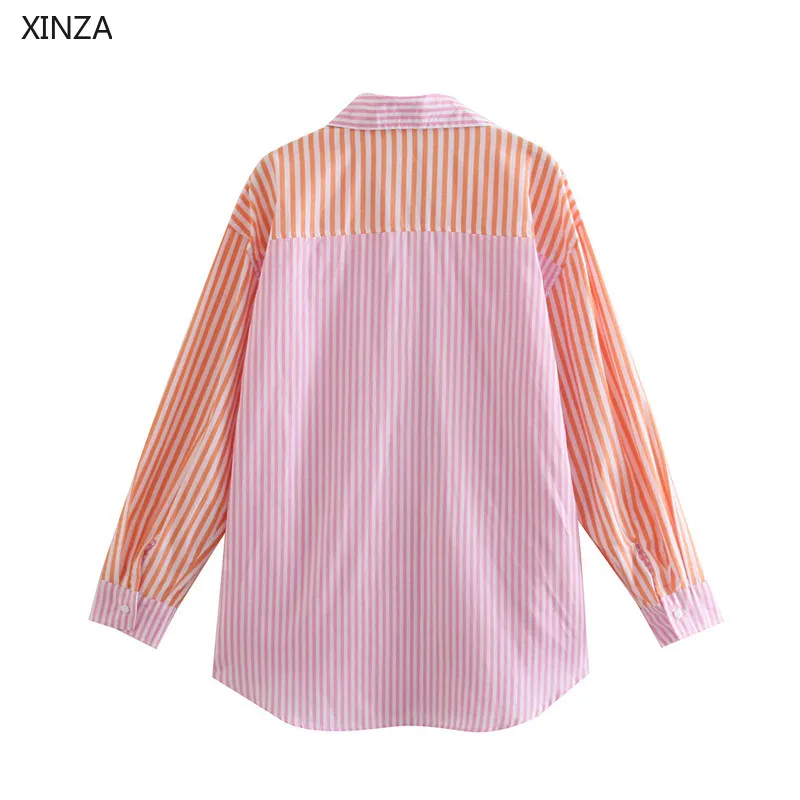 

2021 Women Striped Patchwork Loose Za Shirt Long Sleeve Plus Size Loose Spring Shirts Woman Patch Pockets Button Up Pink Top