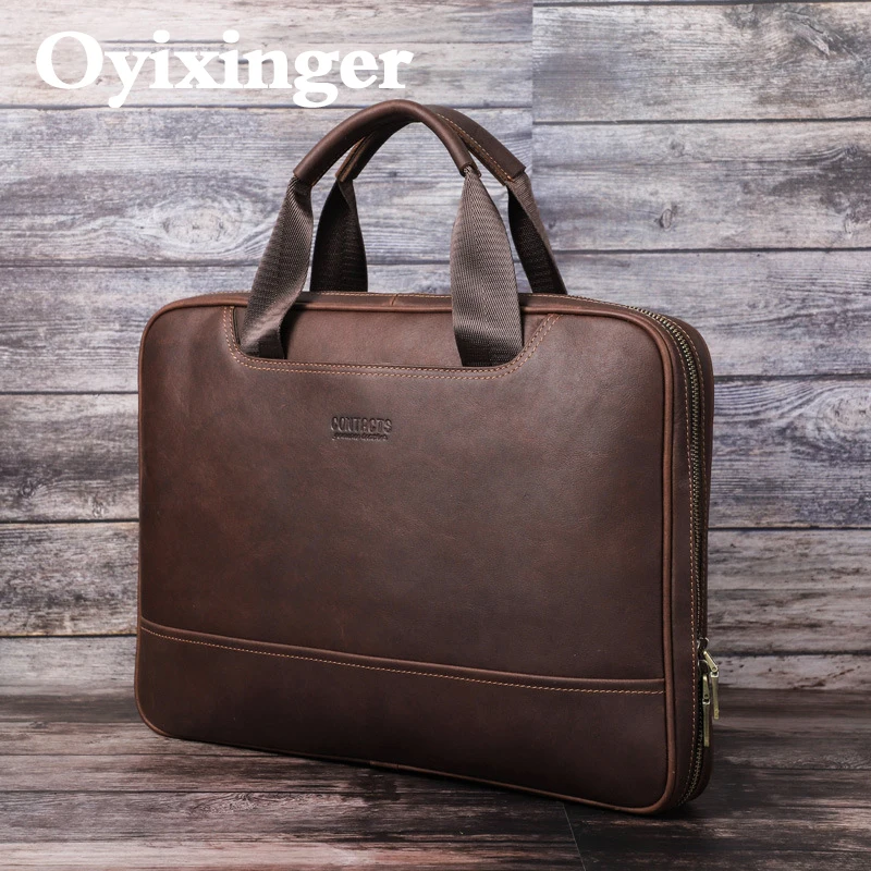 OYIXINGER Men's Leather Business Briefcase Suitable For Dell Hp Acer 15 inch Laptop Bag Female Vintage Shoulder Bags With Pouch