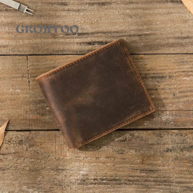 

Кошелек GROJITOO ручной работы из матовой воловьей кожи, короткий кошелек из кожи Crazy Horse для мужчин и женщин, простой горизонтальный кошелек