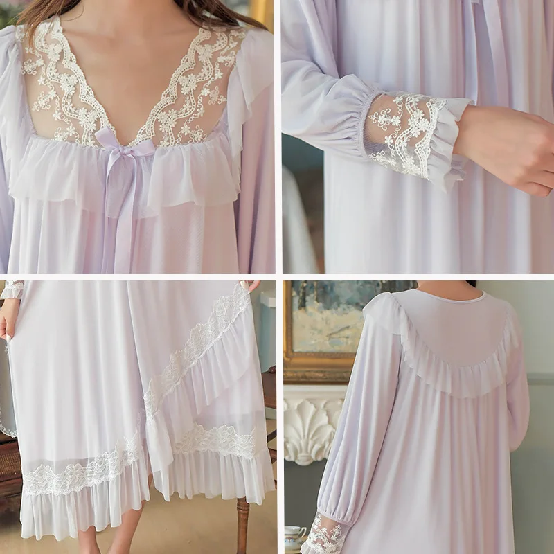 Court Style Nightdress Women's Long Sleeve French Style Retro Sweet Princess Lace Sexy Nightdress In Spring Autumn Sleep Tops