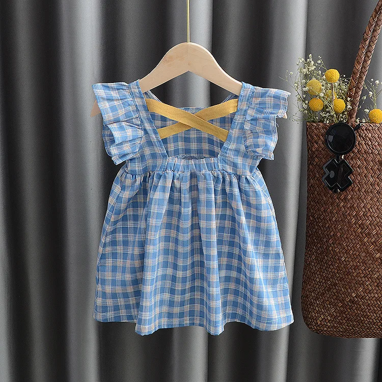 

2020 Summer Baby Girls Backless Cotton Lattice Dress Girls Sweet Princess Dress kids Baby Girls Cloths