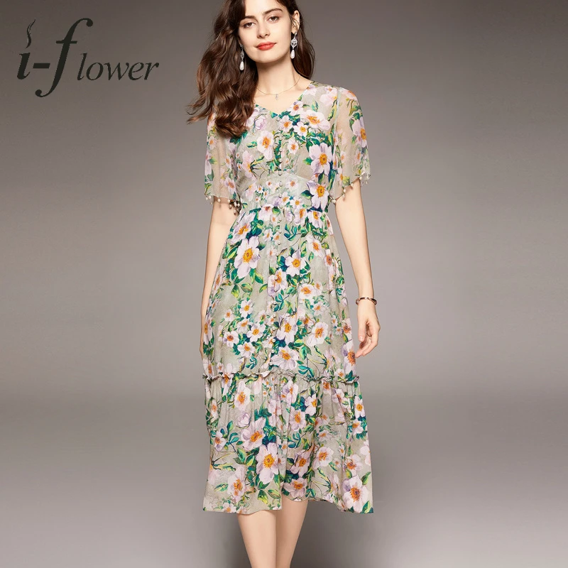 

100% Natural Silk Mulberry Dress for Women 2022 Summer Elegant Printing Midi Dress Short Sleeve Beading V Neck Floral Robe