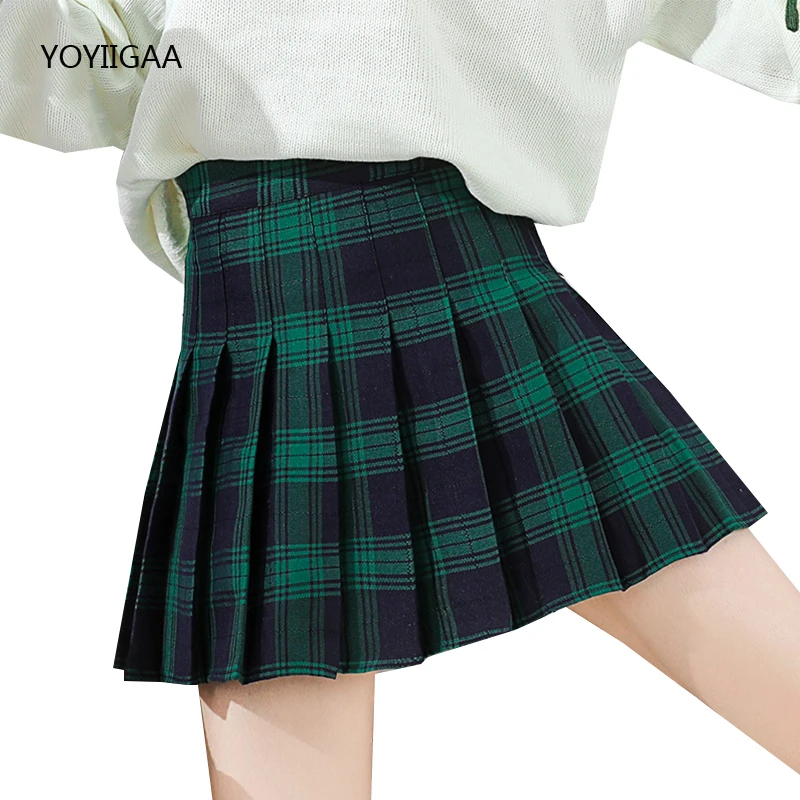 Punk Gothic Women Pleated Skirts High Waist A-Line Woman Plaid Skirt Harajuku Ladies Girls Dance Skirt Green Black Female Skirts