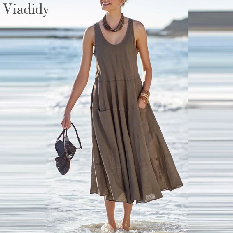 

Женское летнее платье, свободный льняной сарафан с круглым вырезом, без рукавов, элегантное богемное пляжное платье для женщин, Vestido Mujer