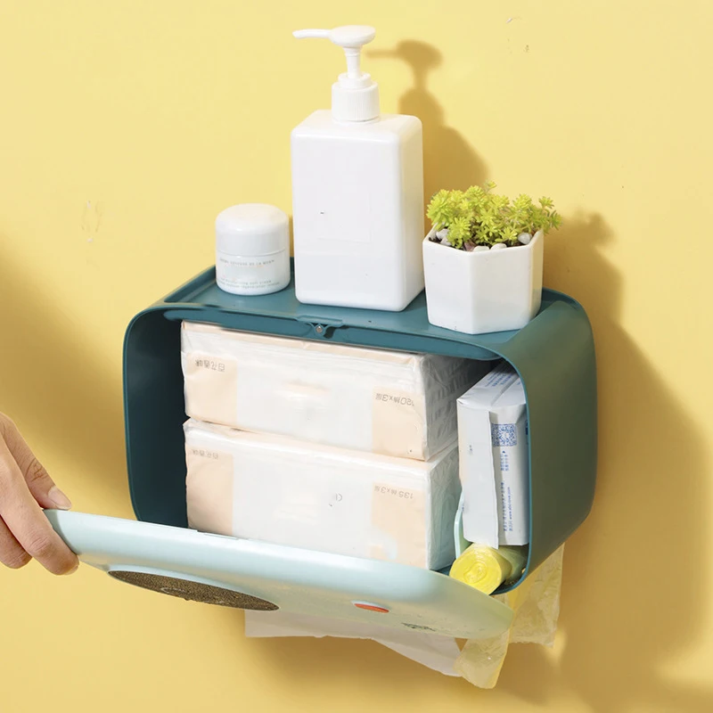 

Punch-free Visible Toilet Paper Box Tissue Trash Bag Holder with Drainable Item Stand & Serrated Cutter for Bathroom Home