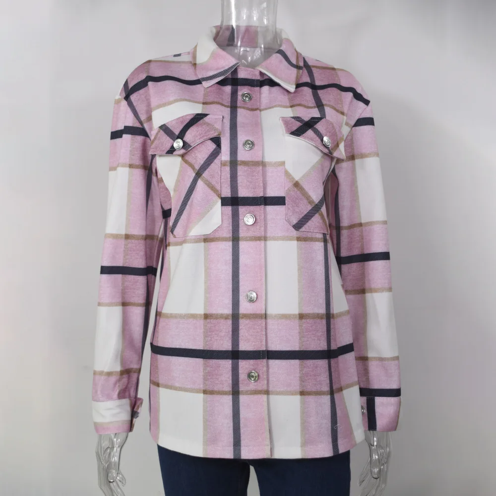 

Women Plaid Shirt Jackets Fashion Turn-Down Collar Oversized Jacket Coat Autumn Long Sleeve Pockets Jacket Tops Female Outerwear