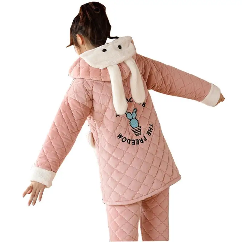 

Cartoon Girl Pajamas Women Winter Warm Thickening 3 layers Flannel Coral Sleepwear Set Blue Soft Pijamas Ladies Print Homewear