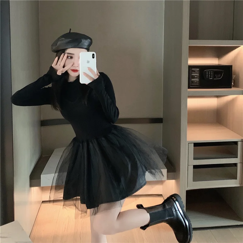 

Trendy Mesh Stitching Princess Waist Slimming A- line Dress Women's Clothing 2021 Early Autumn New Korean Style Skirt