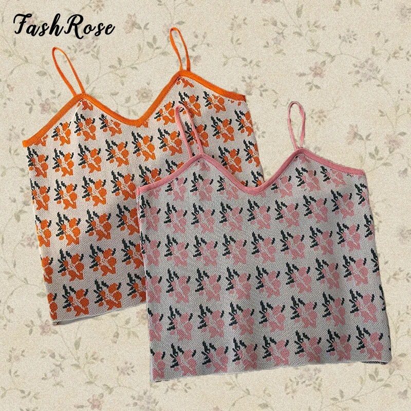 

FASHROSE 90s Vintage Floral Knit Strap Camis Y2K Aesthetic V Neck Cute Slim Basic Summer Cropped Tank Top Soft Girl Cottagecore