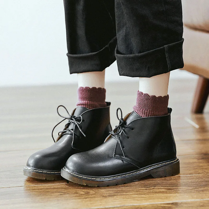 

QPFJQD Soft Cow Split Leather Ankle Boots British Style Women Oxfords Thick Heel Short Boots Round Toe Handmade Ladies Shoes