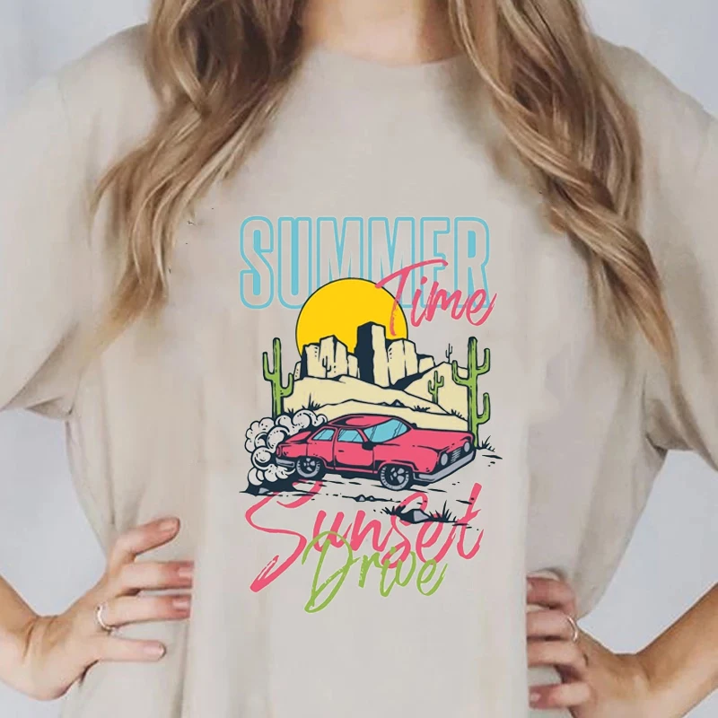

Summer Time Desert Sunset Car Graphic Tee Aesthetic Cute Funny Hipster Female T-Shirt Retro Street Style Khaki Casual Women Tops