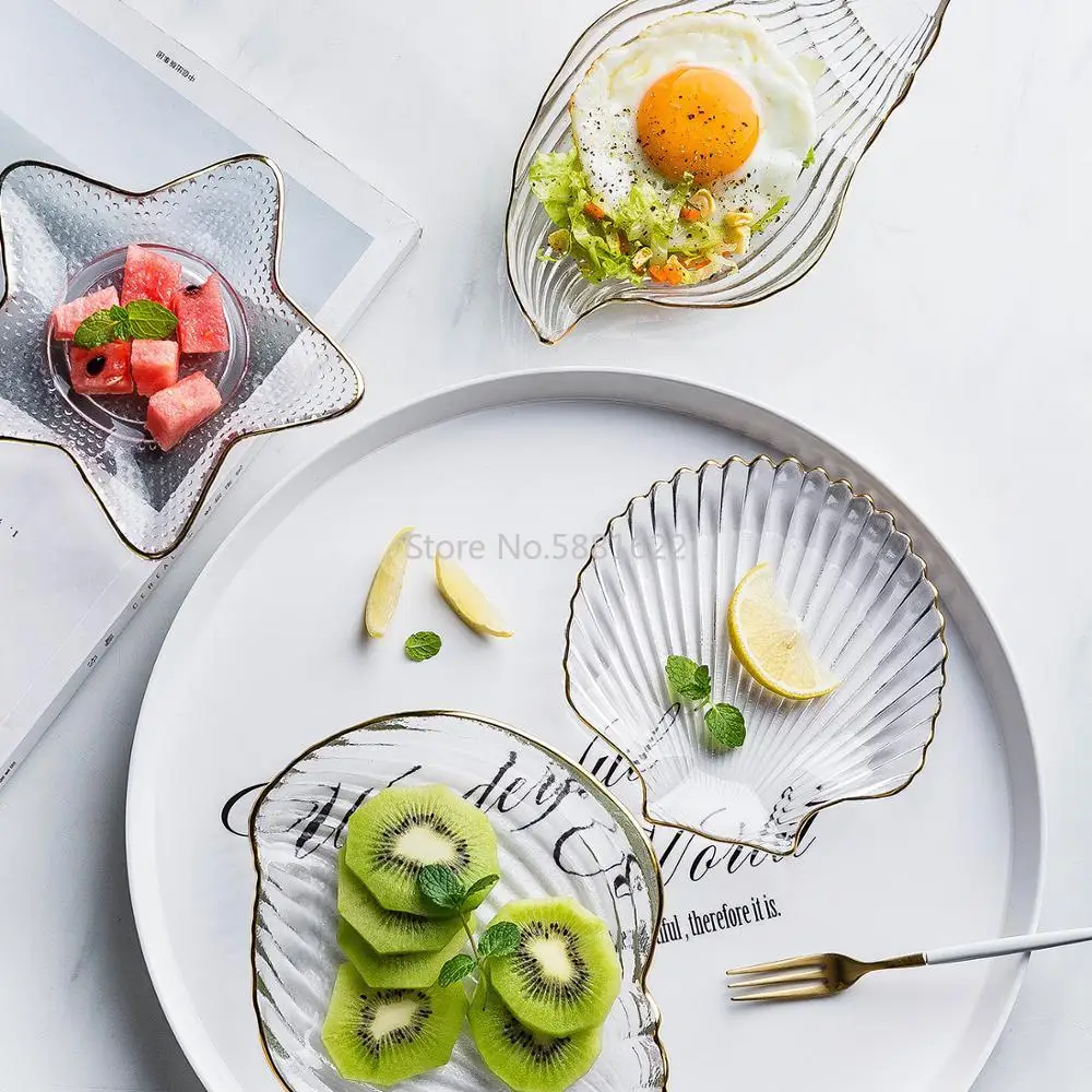 Transparent Glass Salad Bowl Stars Conch Dessert Snack Rice Fruit Vegetable Gold-Edged Kitchen Tableware | Дом и сад