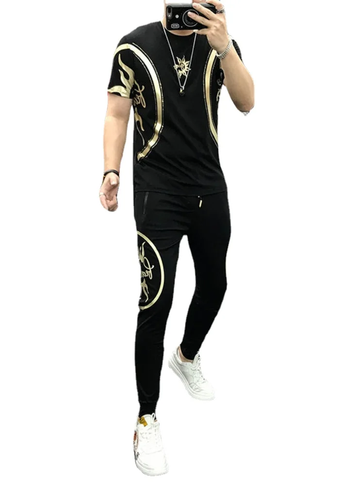 

Summer Fashion Korean Men's Set Ice Silk Printing Sports and Leisure T-shirt Trousers Two-piece Jogger Suit Clothes for Men