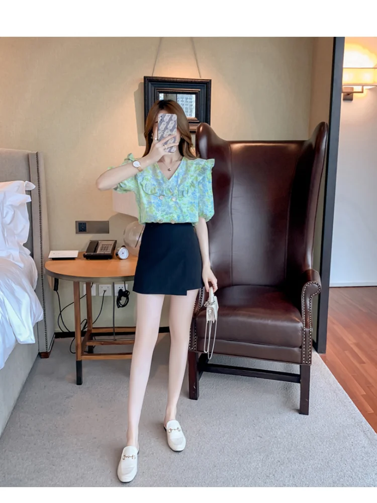 

Women's Blouses Chiffon V-neck Shirt Slim Shirts Print Fashion Top Lady Floral Casual Blouse Short Sleeve Tops Buttons Houthion
