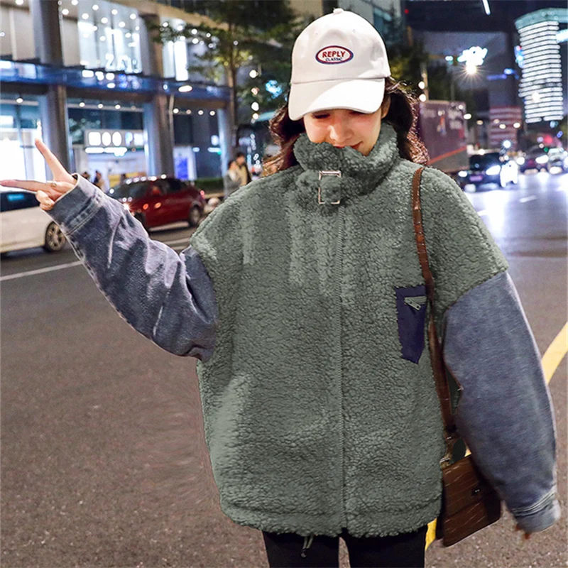 

XUXI Women Cotton-padded Clothes 2020 New Lamb Wool Denim Stitching Coat Autumn Winter Loose Long Sleeve Oversize FZ3236