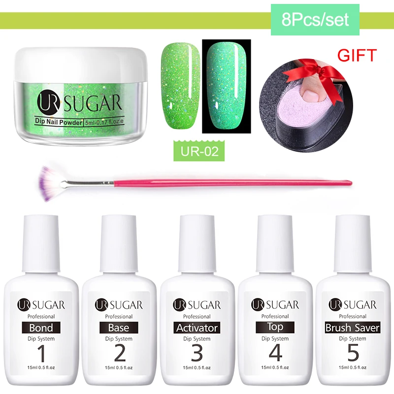 8pcs set2 UR SUGAR 8 шт. флуоресцентный набор порошка для ногтей голографический градиентный погружающийся хромированный ноготь пудра-Глиттер для ногтей художественные украшения - Цвет: 8pcs set2
