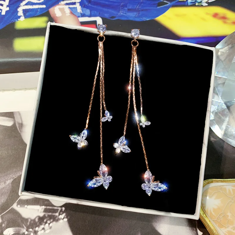 

Female Bling Zircon Long Tassel Butterfly Earrings Women Fashion Statement Korean Crystal Drop Party Wedding Jewelry Gifts 2021