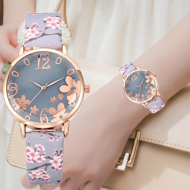 Женские кварцевые часы с цветочным принтом модные кожаным ремешком и