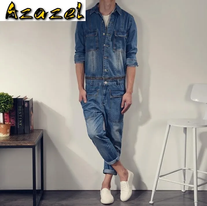 

Комбинезон мужской джинсовый в японском стиле, повседневный приталенный пиджак в стиле ретро, комбинезон в Корейском стиле, брюки для молодых мужчин