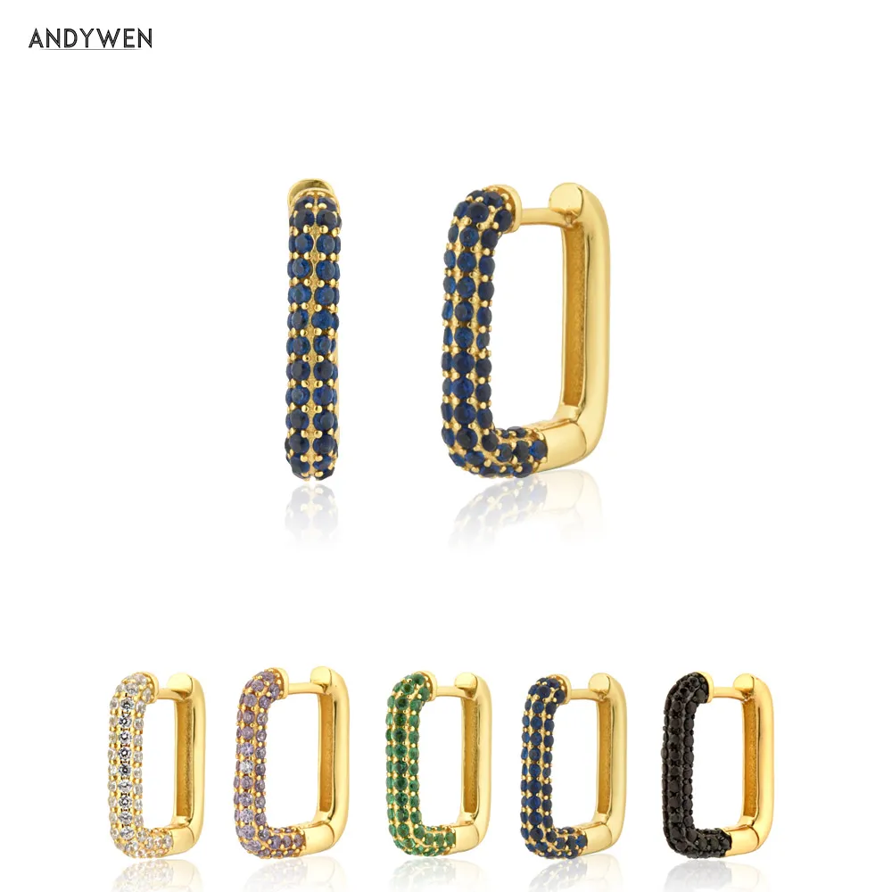 

ANDYWEN 925 Стерлинговое серебро Кристалл Голубой циркон кольцо Пирсинг Роскошные Huggies женские модные ювелирные изделия 2020 Рок Панк клипсы