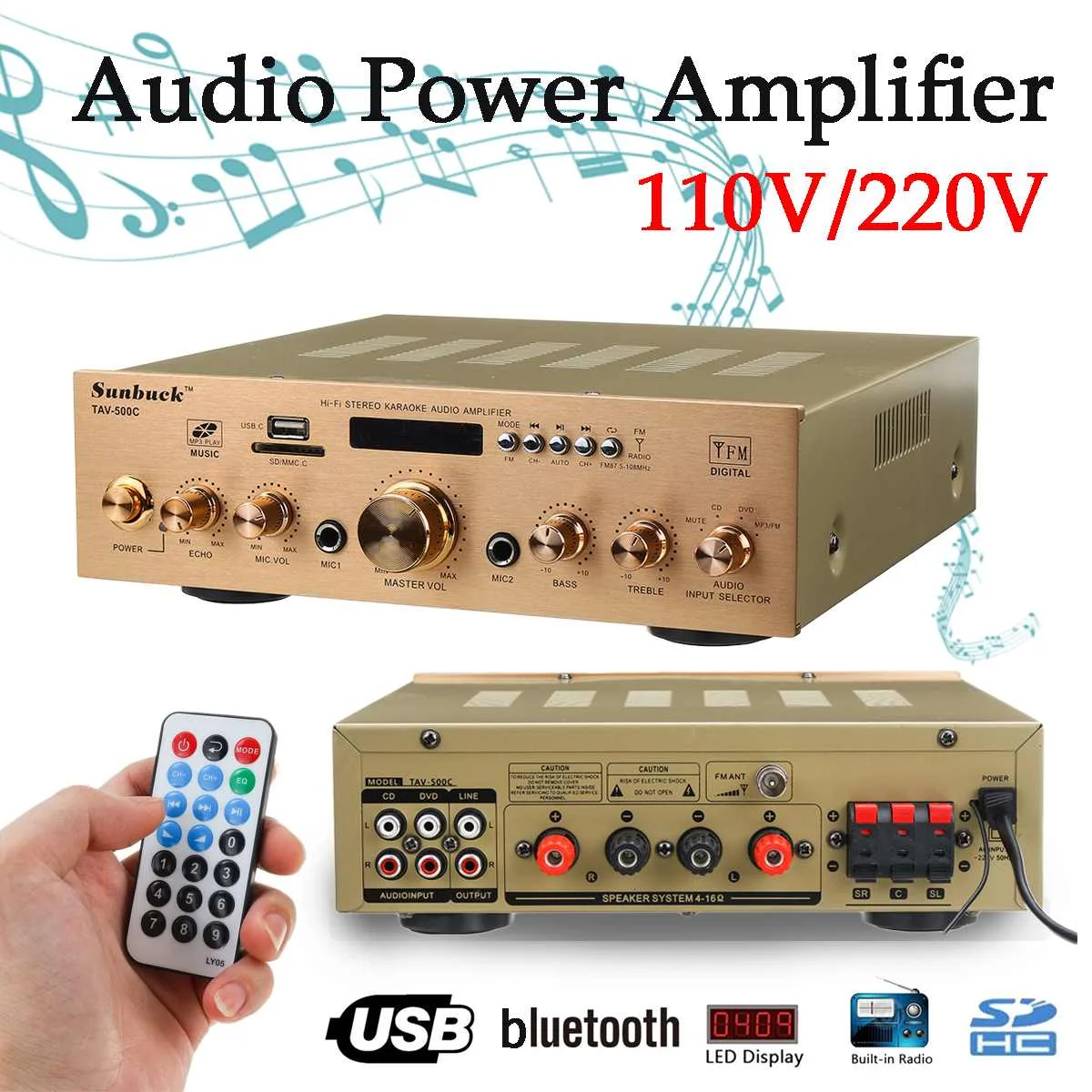 1200 Вт усилитель HIFI аудио стерео DC bluetooth MP3/FM радио мощности USB SD 2 * Mic вход для
