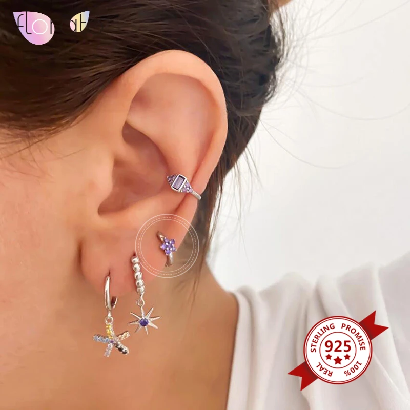 

Simple Cute INS Small Circle Earrings for Women Purple/White CZ 925 Sterling Silver Ear Buckle Hoop Earrings Minimalist Jewelry