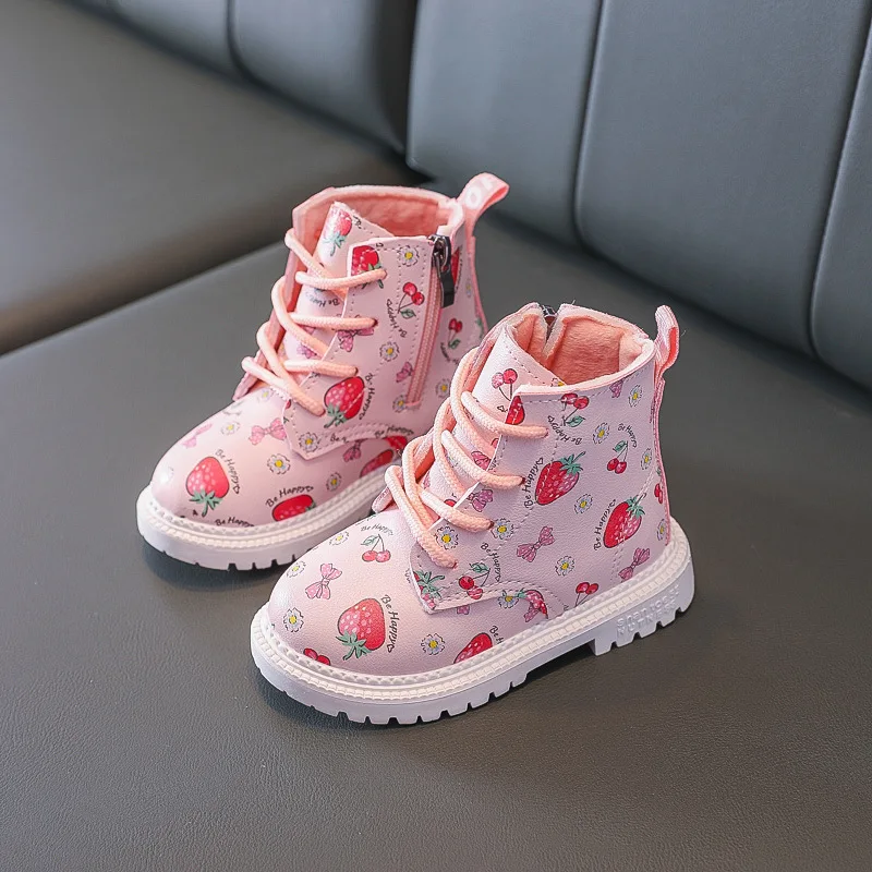 

Girls Warm Cute Boots Baby British Style Leather Boots Autumn Winter New Princess Martin Boots Cute Strawberry Short Boots