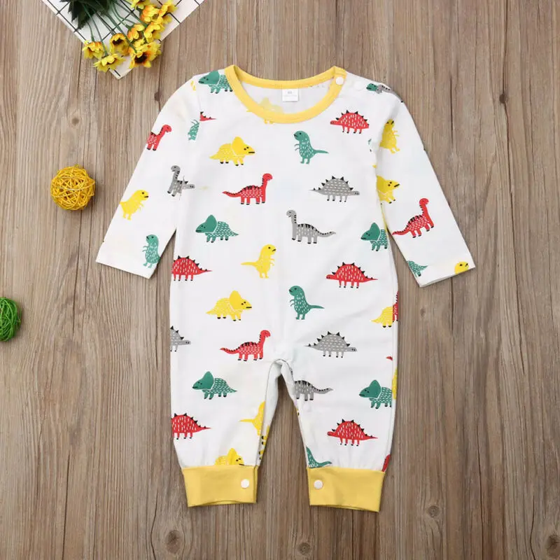 Хлопковый комбинезон с длинным рукавом и принтом динозавров|Ромперы| |