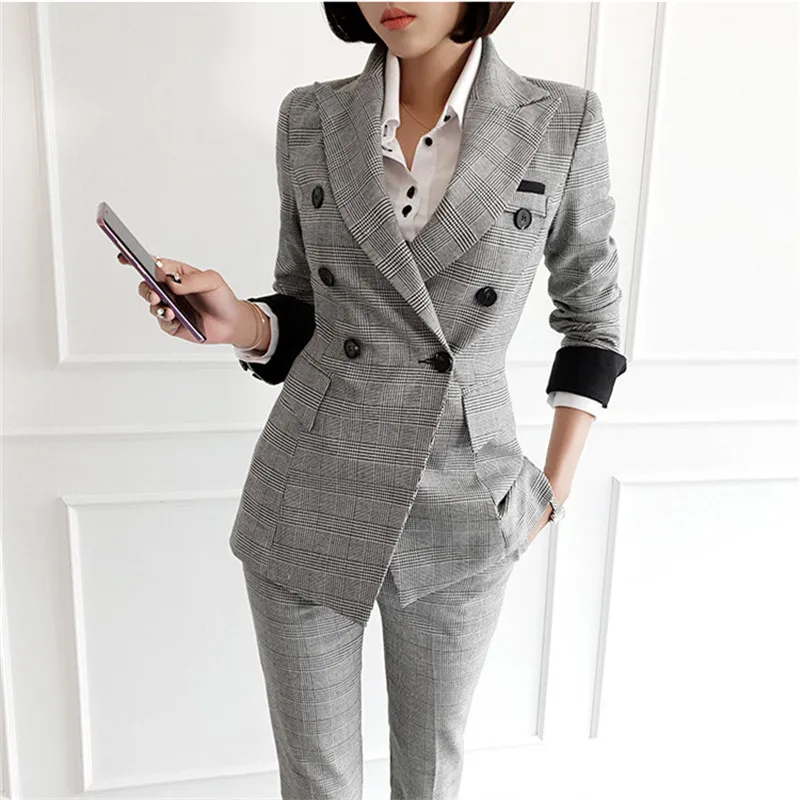 Женская винтажная одежда клетчатый двубортный Женский блейзер костюм