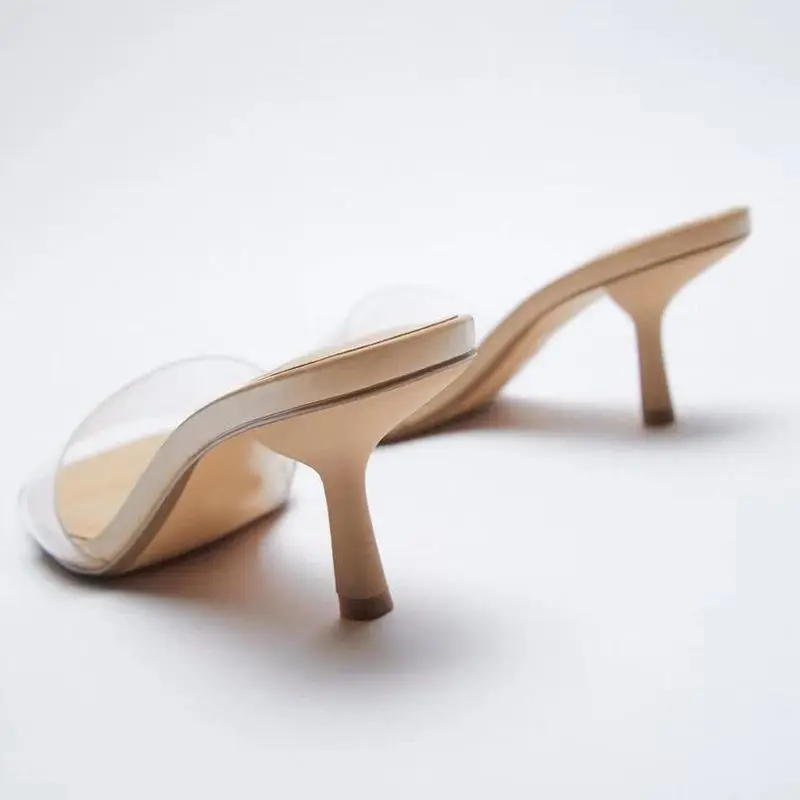 

Square Toe Shoes Woman 2021 Thin Heels Slippers Casual Pantofle Heeled Mules Jelly Slides Luxury New Soft High Transparent Pumps
