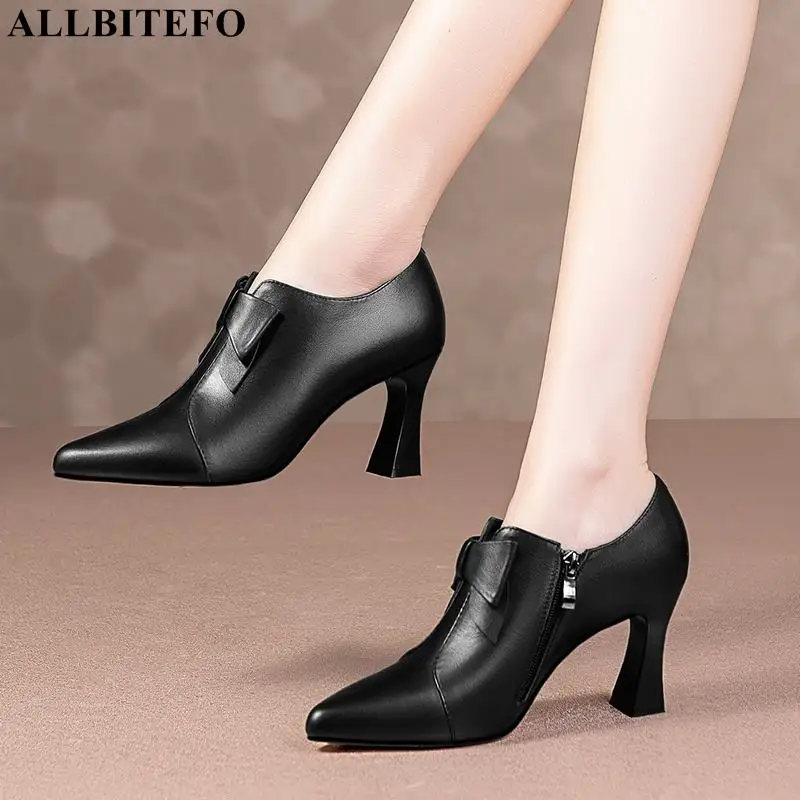 

ALLBITEFO Sweet bowtie genuine leather sexy high heels party women shoes women heels shoes office ladies shoes stiletto