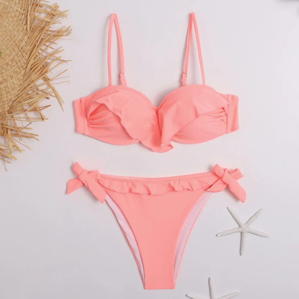

Sexy Women Bikini Sets Solid Color Ruffled Swimwear Bathing Suits 2 Piece Split Push Up Bandage Beachwear Mujer Thong Biquini