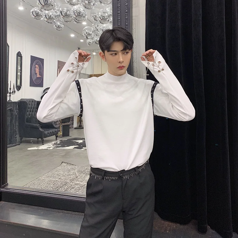 

Male Streetwear Hip Hop Punk Tees Shirts Men White Black Chain Rivet Long Sleeve T-shirt Mens Spring Tshirt