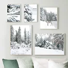 Картина на холсте с изображением зимнего пейзажа соснового леса, снежного шале, постеры и принты для гостиной, домашний декор