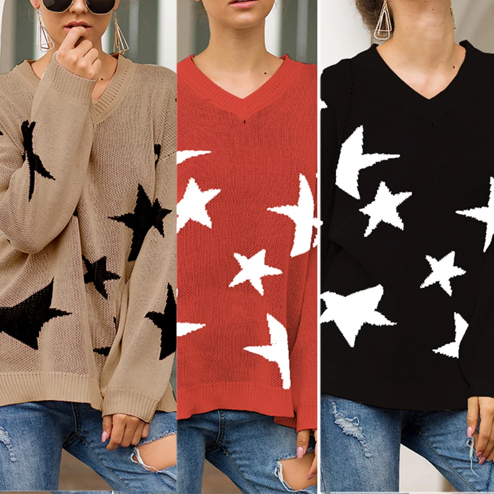 

Women V Neck Side Split Knitted Stars Sweater Long Sleeves Loose Jumper Oversized Pullovers Sweaters Fashion Fall Winter Clothes