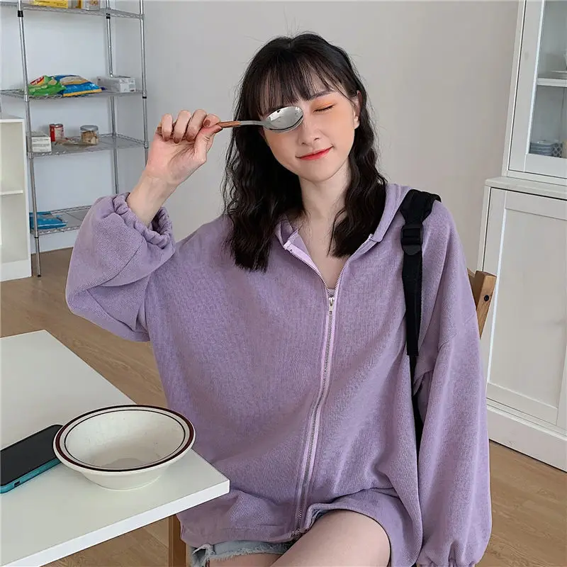 

Female Spring Regular Cotton Hoodies Autumn Streetwear Zip-up Oversize Sweatshirt Jacket Trendy Solid Color Women Outwear