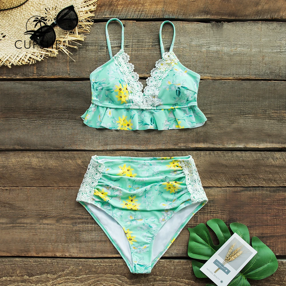 CUPSHE мятно-зеленый цветочный пикантный комплект бикини с высокой талией