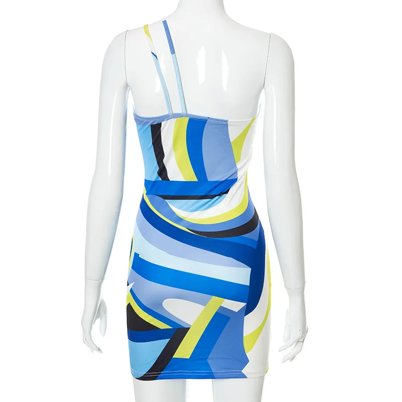 

Cryptographic One Shoulder Fashion Print Straps Sexy Backless Mini Dress Women Summer Sleeveless Dresses Bodycon Clothes