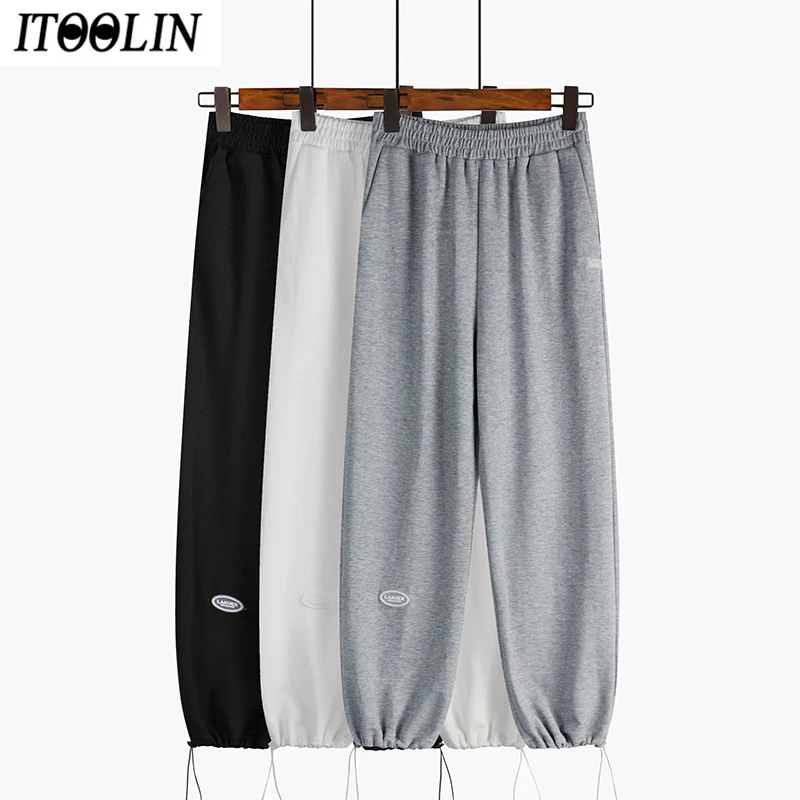 

ITOOLIN Grey Sport Pants Harajuku Autumn Sweatpants Women Baggy Pants Wide Leg Casual Trousers Bandage Elastic Waist Pant 2021