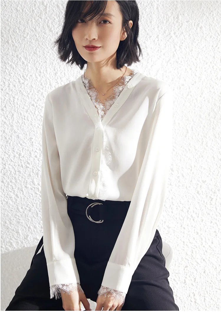 Тяжелая шелковая кружевная блузка женские рубашки с длинным рукавом белые