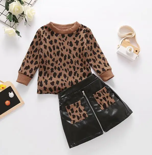 

Girl's Set Toddler's Pullover Brown Leopard Sweater Hip Pocket Skirt for Kids and Children