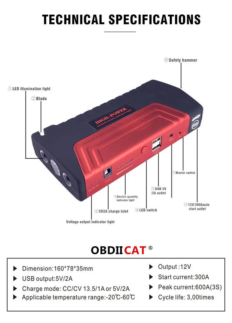 OBDIICAT D5 высококачественное портативное мини пусковое устройство 12 В бустер для
