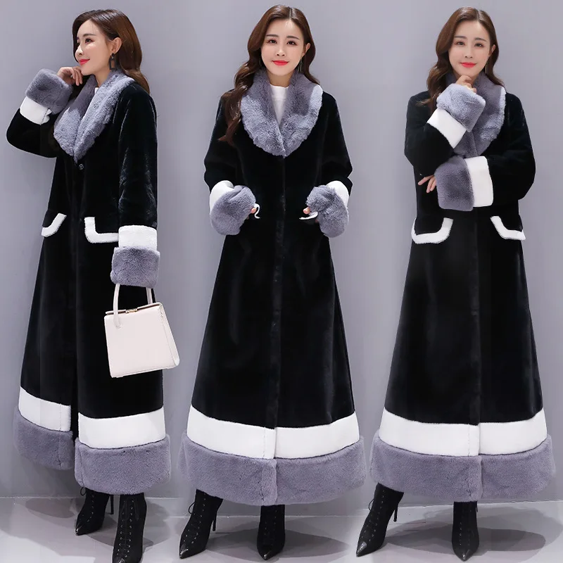

Lugentolo Long Faux Fur Coat Women Winter Fashion Warm Turn-down Collar Covered Button Wide-waisted Coats
