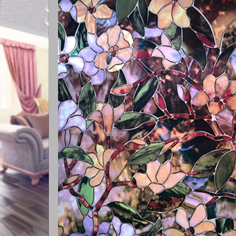 

100cm Length Static Cling Window Film Magnolia Flower Opaque Glass Stickers For Window Door Cabinet Table Surface