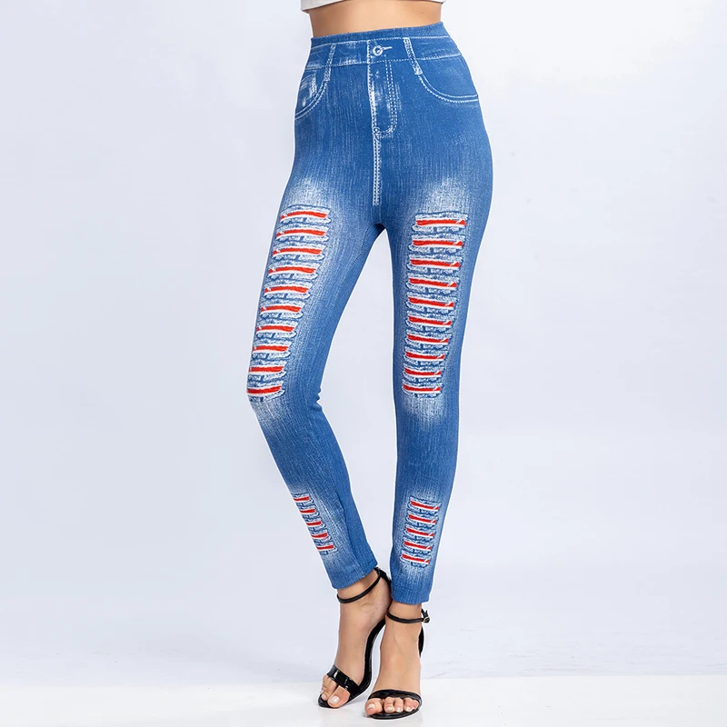 Sfit женские леггинсы в полоску с принтом имитация джинсовой ткани тонкие для