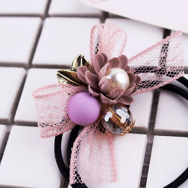 

Korean handmade hair accessories, hair rope, cloth art, flower head rope, pearl crystal lace, bowknot, rubber band hair ring