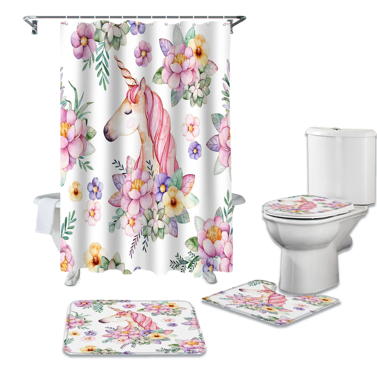 Занавеска для душа в ванную комнату с единорогом цветами зеленым розовым