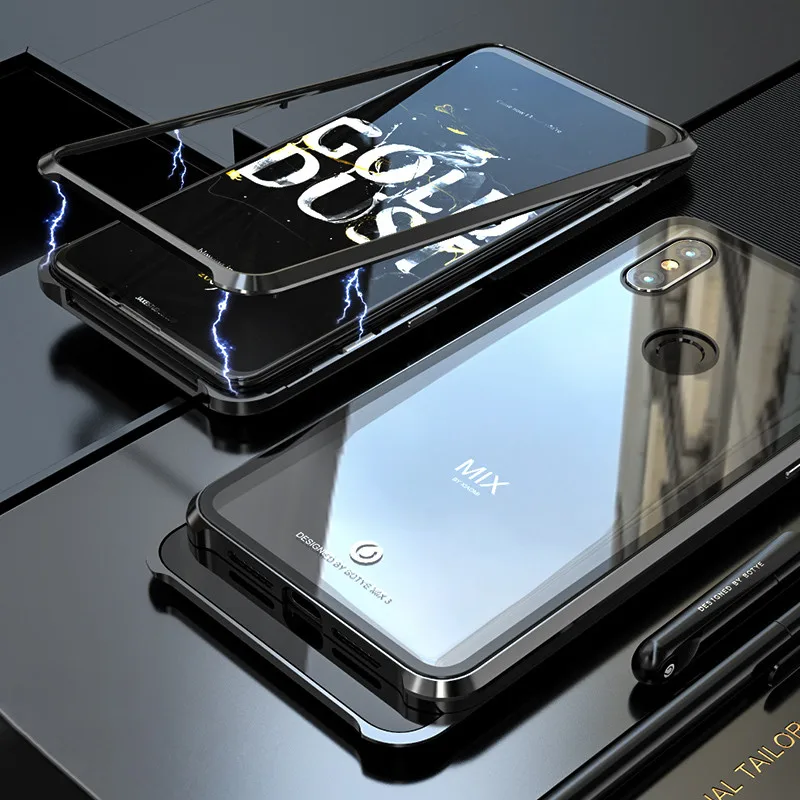 Металлический бампер с магнитным украшением, стеклянный чехол для coque Xiaomi mi x 3, чехол, противоударный жесткий чехол для задней панели для Xiaomi mi x 3 5G, чехол - Цвет: Black